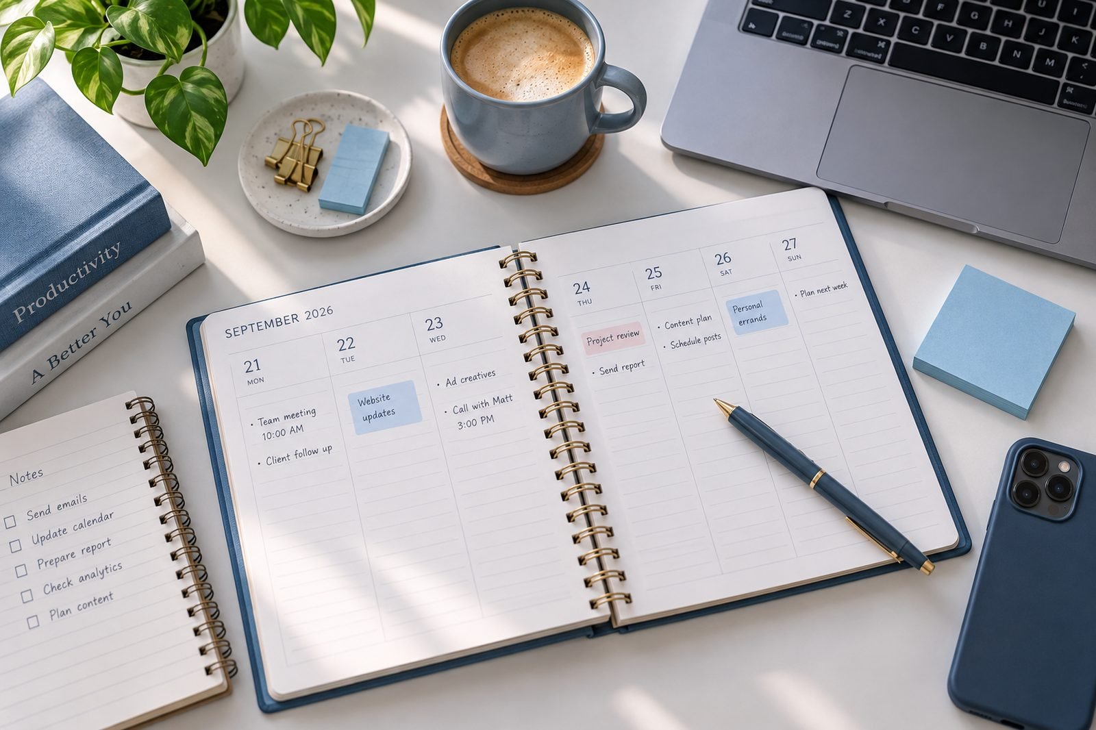 A week planned out — meetings, content, follow-ups