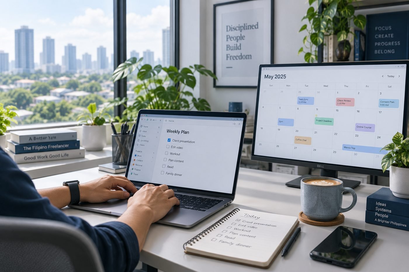 A workspace with the week's plan and client calendar in view